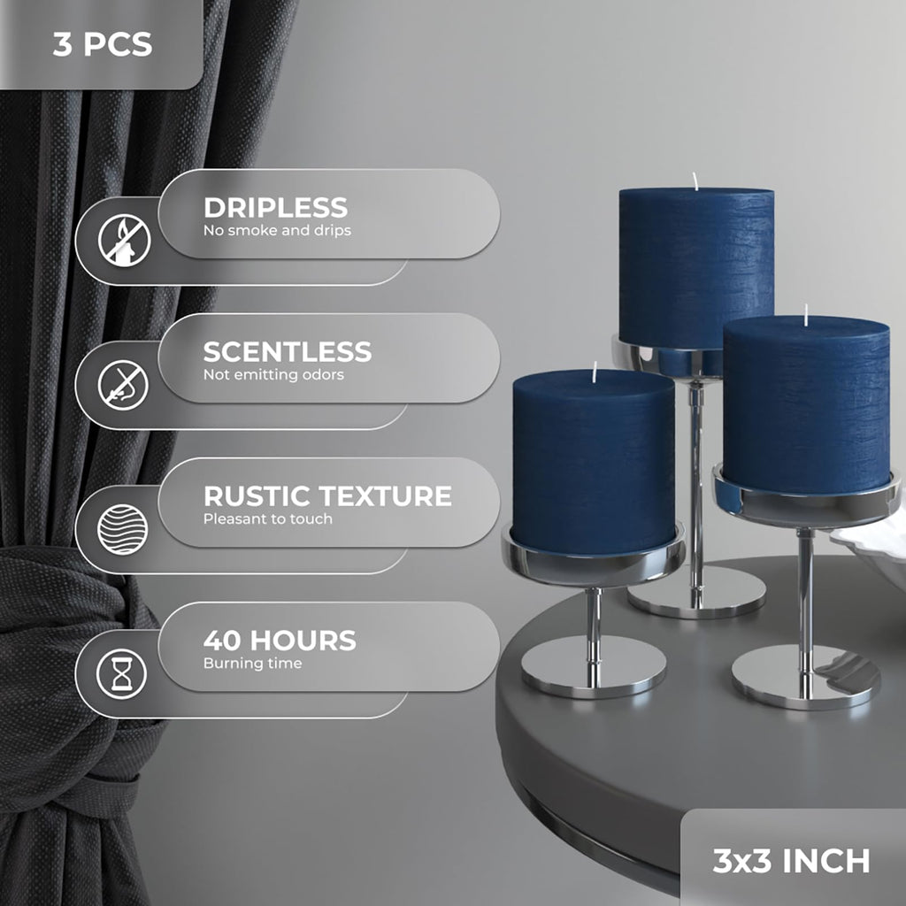 CANDWAX 3x3 Pillar Candle Set of 3 - Decorative Rustic Candles Unscented and No Drip Candles - Ideal as Christmas Candles or Large Candles for Home Interior - Dark Blue Candles