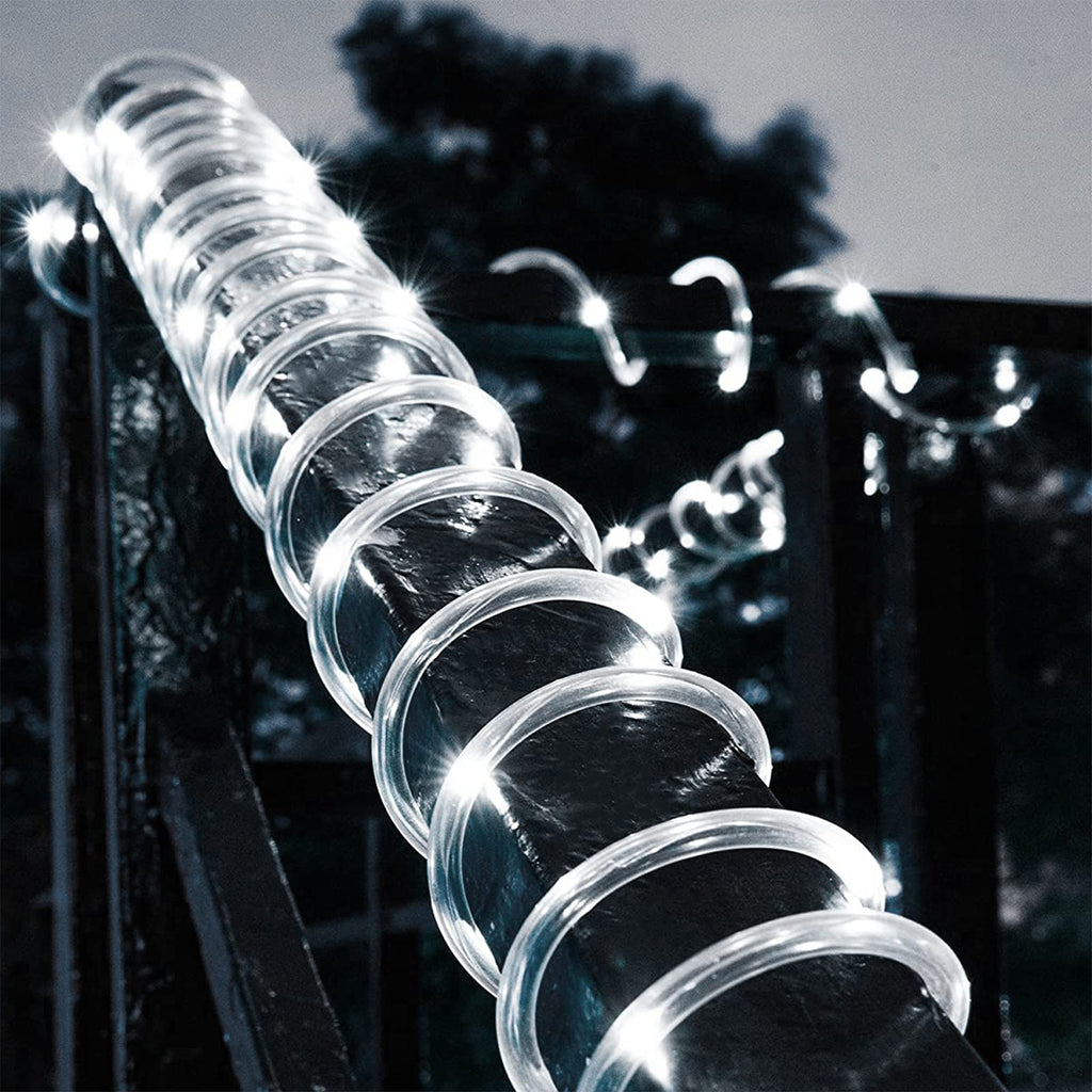 ICRGB Solar Rope Lights Outdoor, 66FT 200LED Solar Christmas String Lights with Remote, IP67 Waterproof Outdoor Lights, Timing, 8 Modes, Garden Christmas Lights Decorative for Porch Tree Pool, White