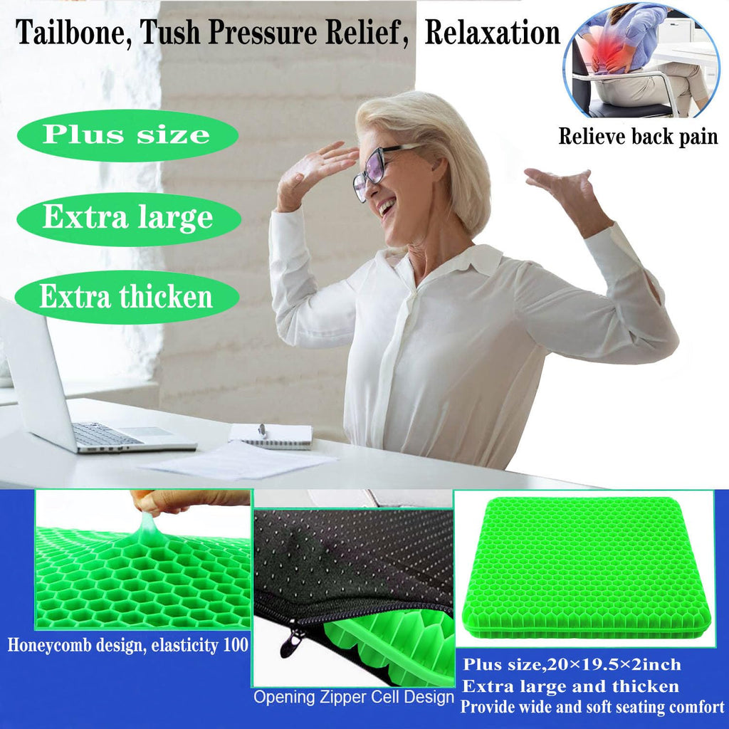 Plus Size Gel Seat Cushion for Long Sitting, Extra Large and Thick Seat Cushion, Back, Hip, Sciatica, Tailbone Pain Relief Cushion for Office Chairs, Wheelchairs, Cars, Stadium. (Grass Green)