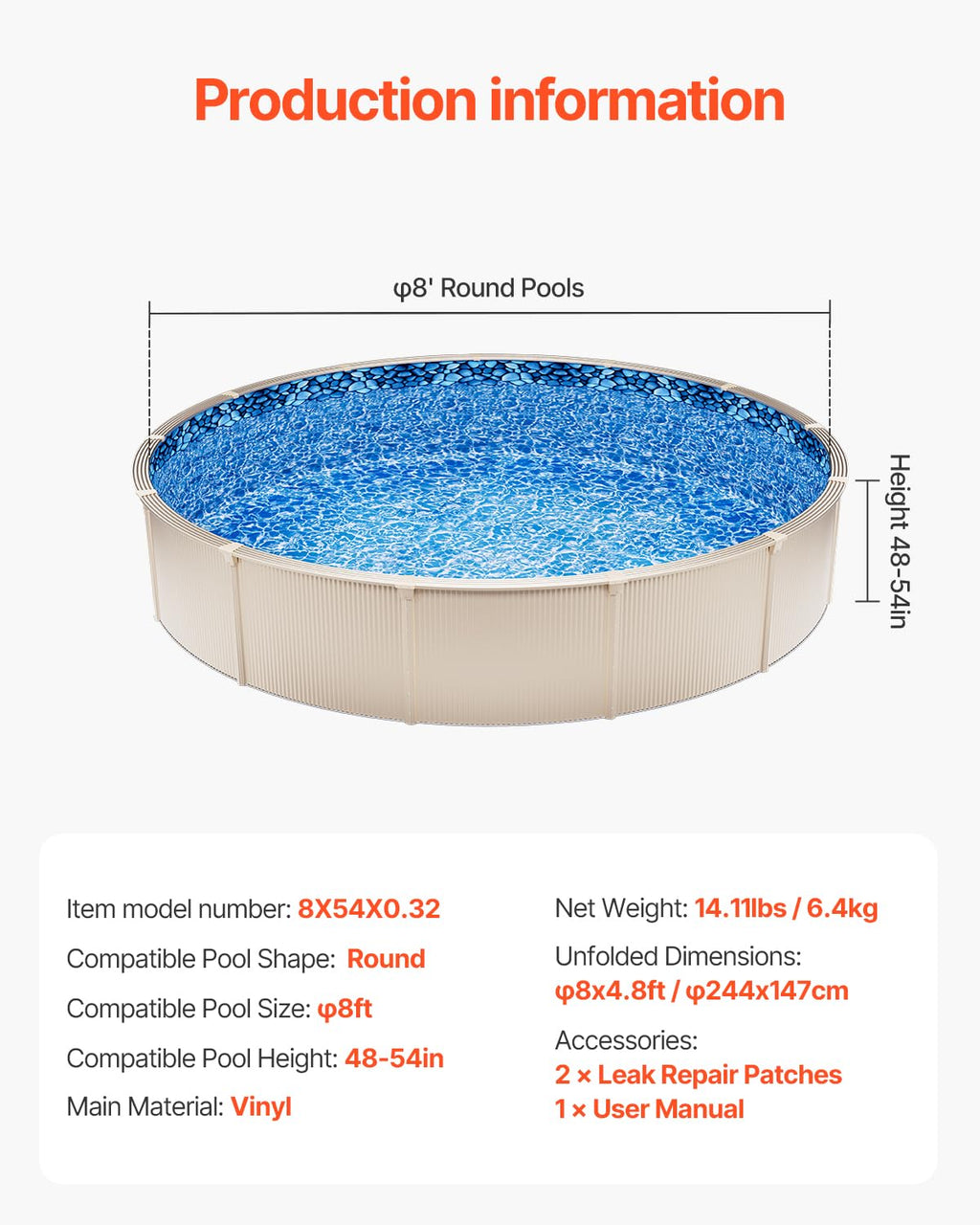 VEVOR 8-ft Round Above Ground Pool Liner, Overlap Pool Liners, Standard Gauge Vinyl, 48-to-54inch Wall Height, Designed for Steel Sided Above-Ground Swimming Pools