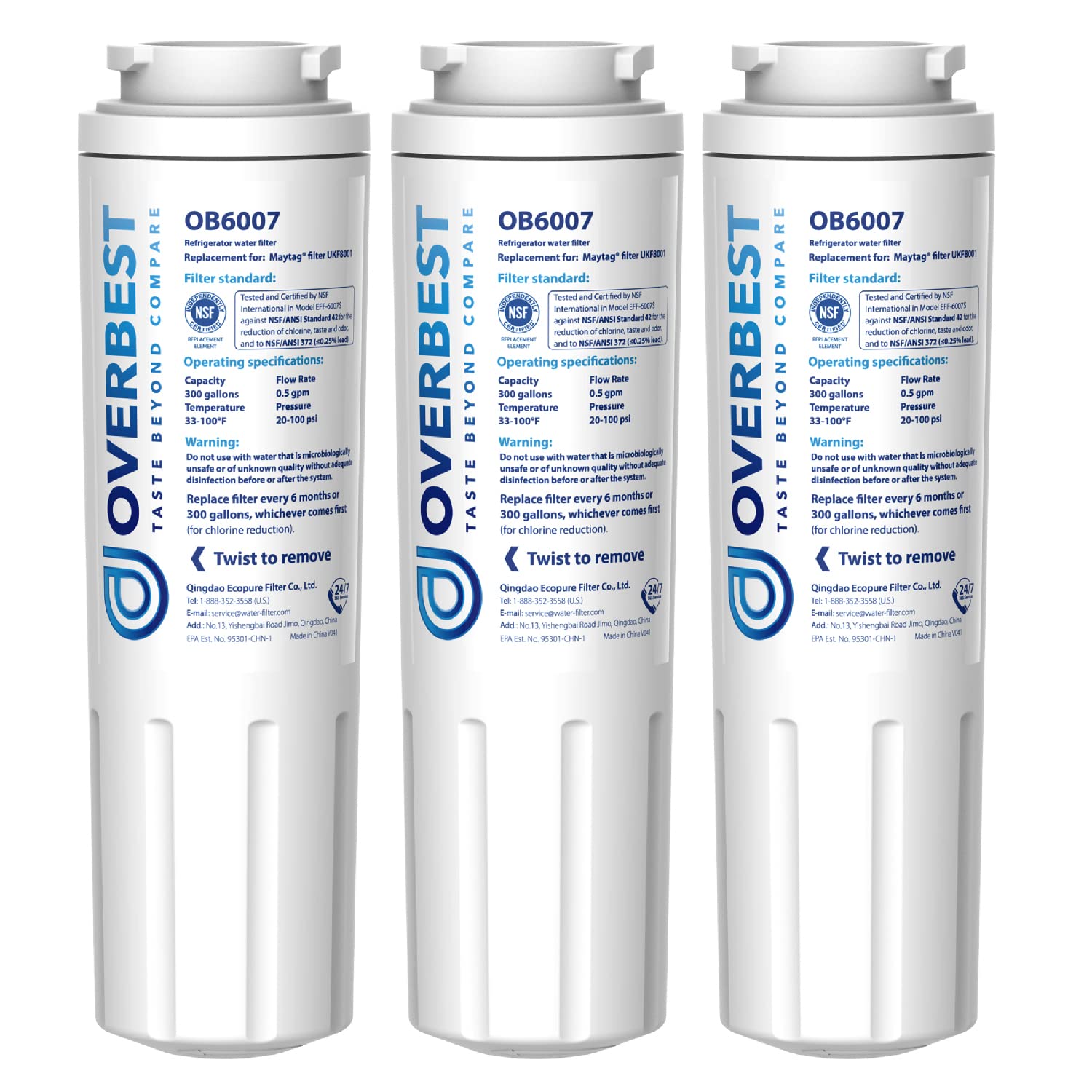 Overbest UKF8001 Replacement for EveryDrop by Whirlpool Refrigerator Water Filter 4, EDR4RXD1, Pack of 3