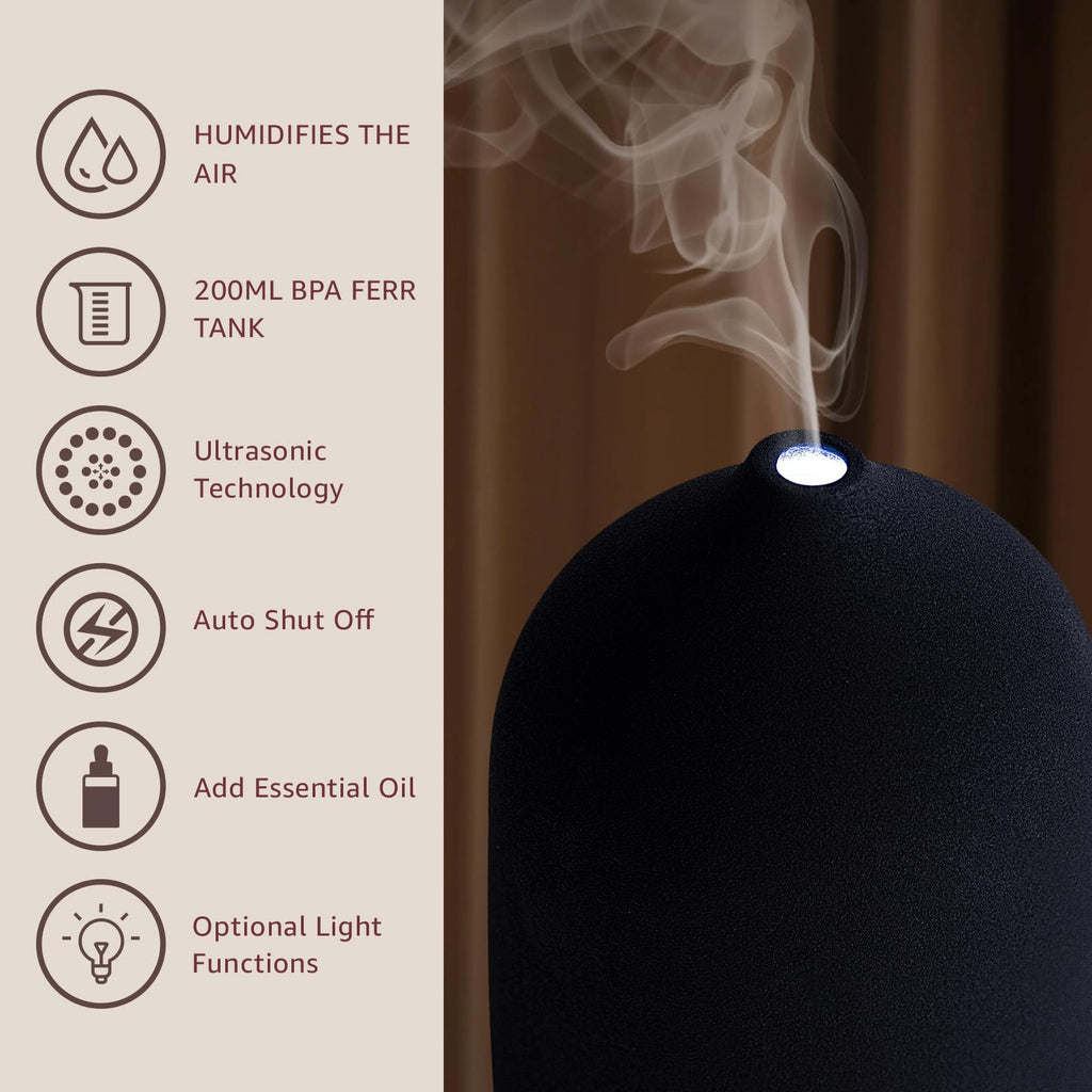 Gooamp 200ML Ceramic Diffuser,Aromatherapy Diffuser,Essential Oil Diffuser with 7 Color Lights Auto Shut Off for Home Office Room, Black (1/3/6/ON hrs Working time)