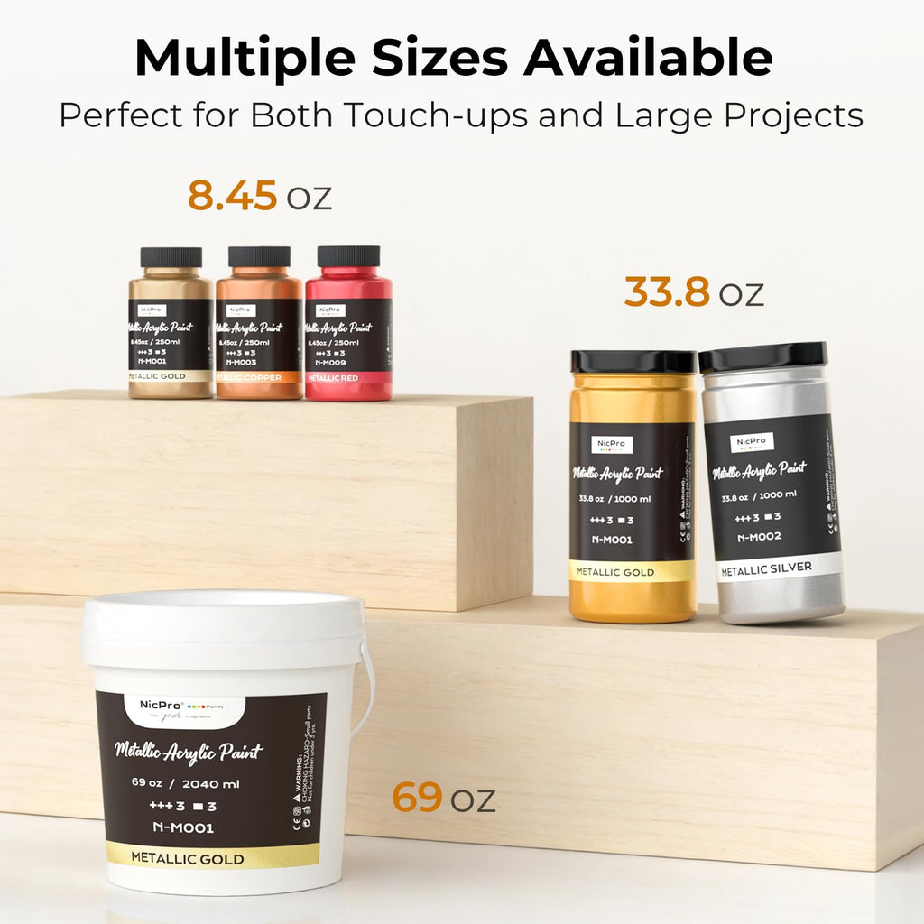Nicpro Metallic Gold Acrylic Paint, 69oz/2040ml Large Gold Leaf Paint, Non Toxic, Non Fading Craft Paints for Metal, Wood, Clay, Fabric, Canvas, Furniture, Handcrafts, Art Supplies