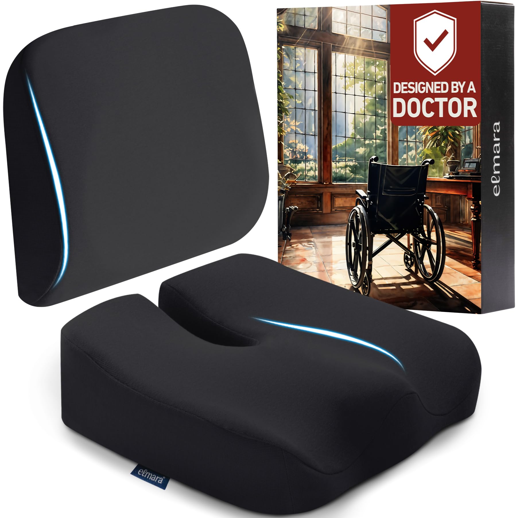 Elmara Wheelchair Seat Cushion Set – Relieve Back, Coccyx, Sciatica Pain – 18"x17"x4" Non-Slip Wheelchair Cushions for Pressure Relief, Wheel Chair Cushions for Seniors, Cushion for Wheelchair (Black)
