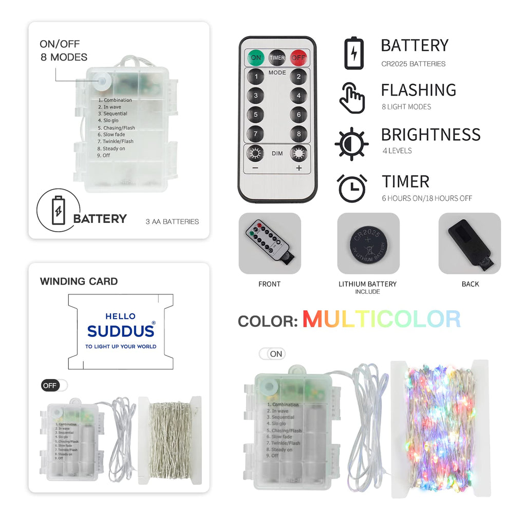 suddus 33ft 100 LED Outdoor String Lights, Multi Color Fairy Lights Battery Operated with Remote, Led Twinkle Lights for Bedroom, Backyard, Wedding, Tree, Mason Jar, Wall, Centerpiece, Christmas
