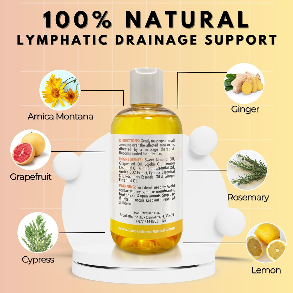 Lymphatic Massage Oil for Massage Therapy | 100% Natural Lymphatic Drainage Oil | Premium Quality with Arnica, Lemon & Ginger Oil | for Post Surgery Recovery & Detox | 8oz by Brookethorne Naturals