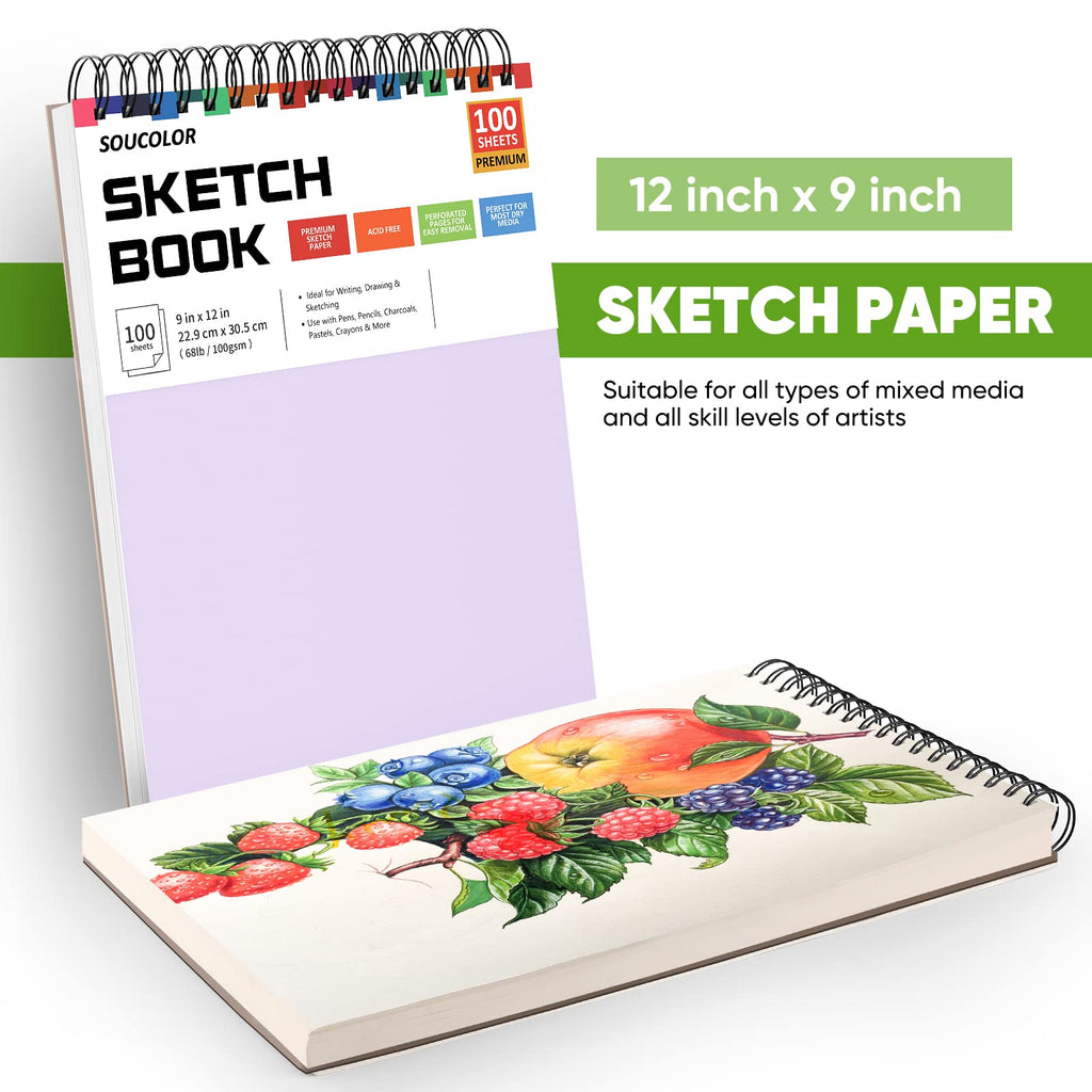 Soucolor 9" x 12" Sketch Book, Christmas Gifts for Women, Birthday Gifts for Women, Thank You Gifts, Stocking Stuffers Gift Set, 2 Packs 100-Sheets Each (68lb/100gsm) Drawing Pad for Women and Girls