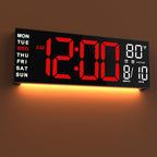 JALL 16" Large Digital Wall Clock Timer, Remote Controll, 2 Alarms, LED Display, 8 RGB Color, Auto DST, Temperature for Living Room, Bedroom, Desk, Mounted, Gift for Elderly (Red White, 16 inches)