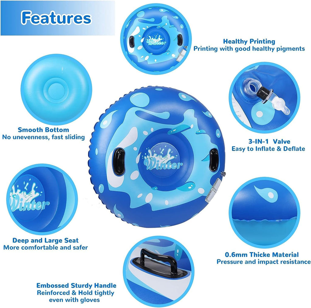 KEUCL Snow Tube, 47 Inch Cold-Resistant Inflatable Big Snow Sled for Kids and Adults, Thickened Heavy Duty Hard Bottom Sleds Snow with Handles, Winter Toys for Outdoor Sledding Snow Tube Sports