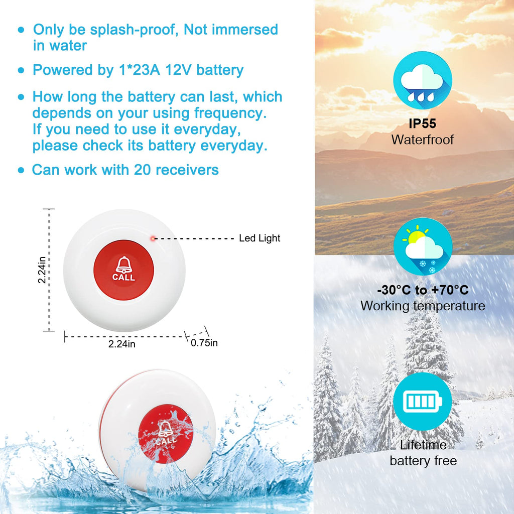 CallToU Wireless Caregiver Pager Call Button for Hard of Hearing Waterproof 500+ FT Nurse Alert System Elderly Monitoring Patient/Seniors 3 Panic Button 1 Plug-in 1 Vibration Receiver