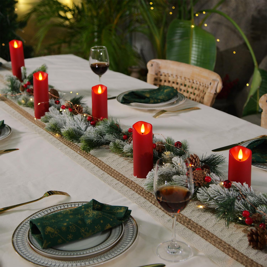 Homemory Christmas Flameless Candles, Battery Operated Candles with Remote Timers, Electric Fake Candles for Home, Christmas Decoration, Made of Plastic, Red/Burgundy, Set of 9