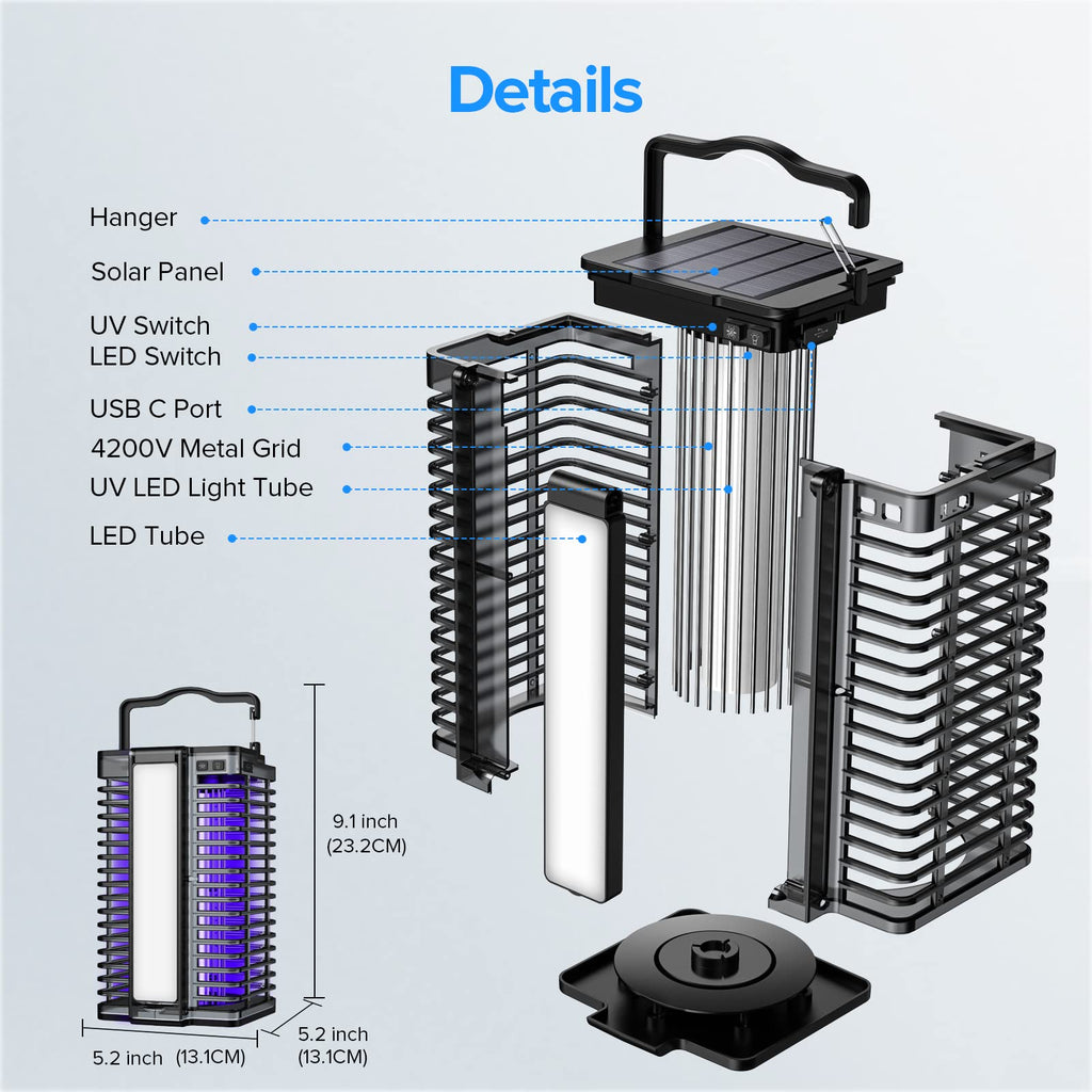 Bug Zapper Outdoor Indoor, Solar Mosquito Zapper with Reading Lamp, Cordless & Rechargeable Electric Insect Fly Zapper with 4200V High Powered UV Light, 2 in 1 Mosquito Killer for Home Backyard Patio