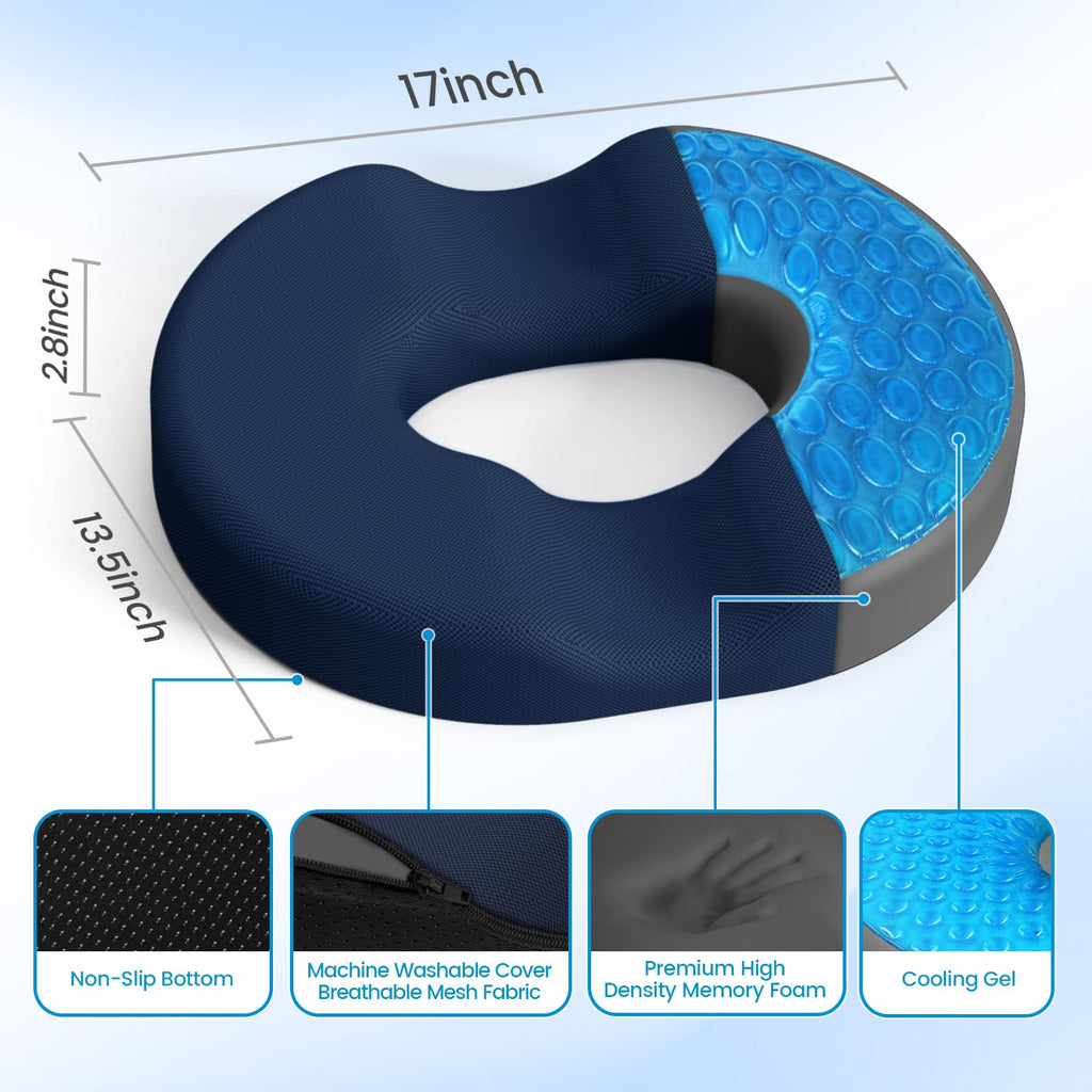 CushZone Donut Pillow Seat Cushion - Memory Foam Cooling Gel Lifting Cushion for Office & Home Chair, Car Seat, Wheelchair, Hemorrhoids Pillow, Sciatica & Tailbone Pain Relief Chair Cushion, Blue