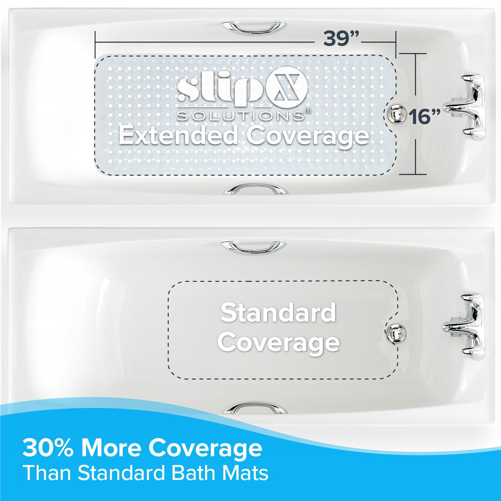 SlipX Solutions Power Grip Extra Long Bath Tub & Shower Mat 39x16, Wet Floor Non-Slip for Elderly & Kids Bathroom, 30% Longer Bathtub Mats, 200 Suction Cups, Drain Holes (1, Solid White)