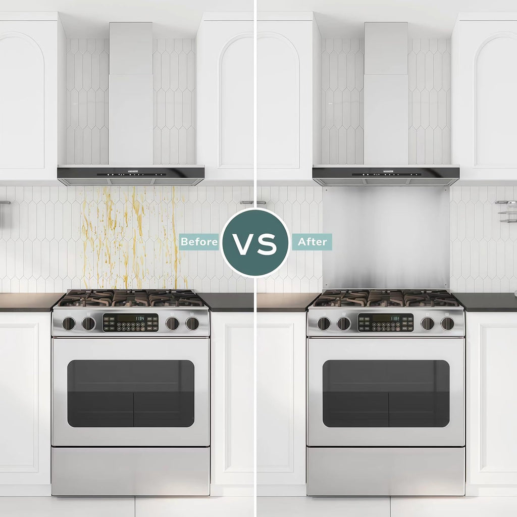 24 x 30-inch Reversible Stainless Steel Backsplash for Kitchen wall，Splatter Guard and Cooking Shield， Range Hood Accessories to Keep Kitchen Clean， Four Pre Drilled Holes for Easy Installation