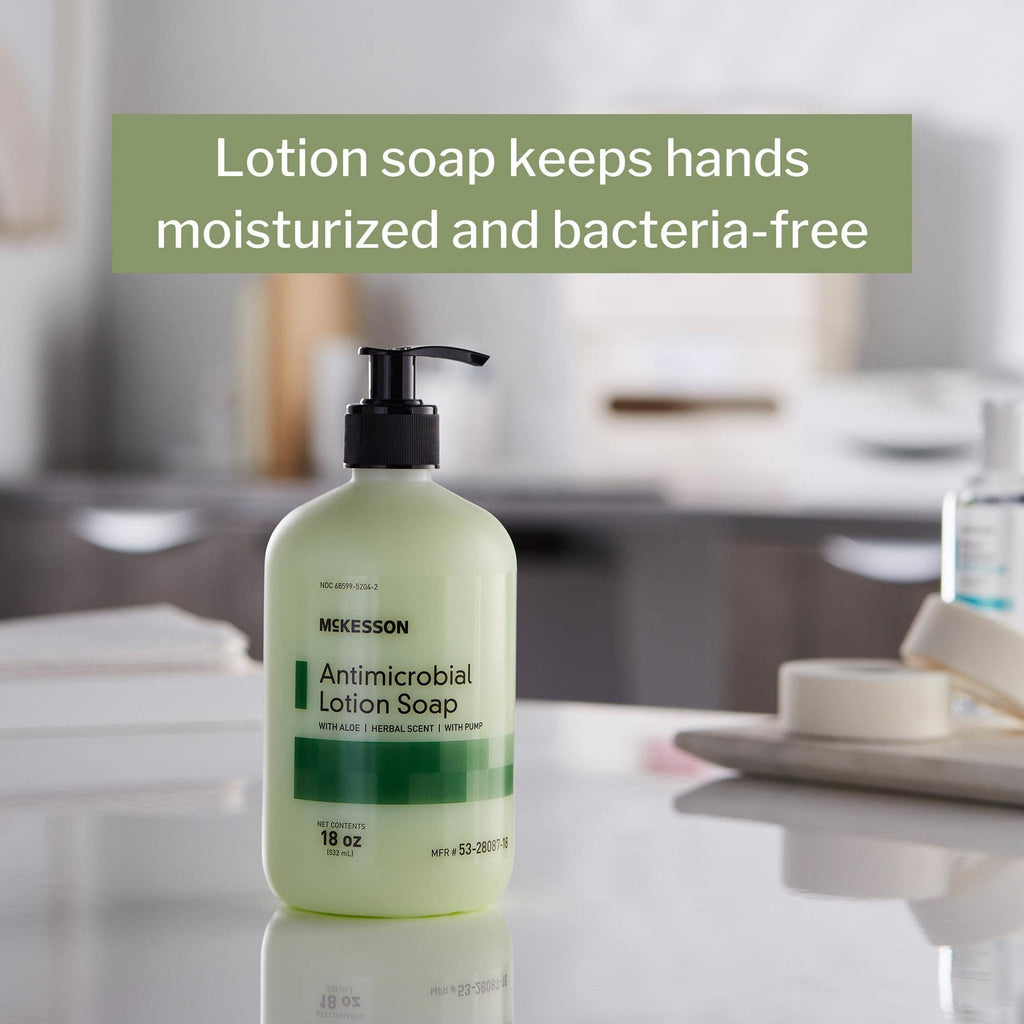 McKesson Antimicrobial Lotion Soap with Pump, Aloe, Herbal Scent, 18 oz, 1 Count