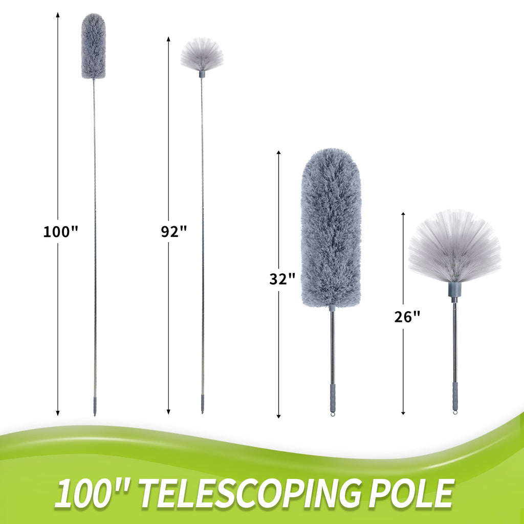 IVYROLL Cobweb Duster with Extension Pole, Spider Web Brush & Ceiling Duster Kit for Cleaning, 100" Microfiber Feather Duster Cleaner with Washable Head for Ceiling Fan, Furniture, Home