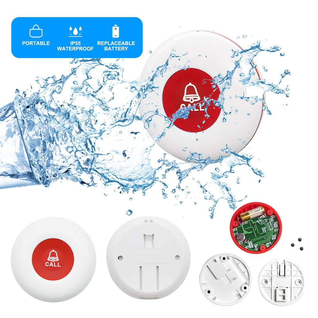 CallToU Caregiver Pager Wireless Call Button Smart Bell Alert System for Elderly Home Patient Seniors Nurse 4 Portable Waterproof Transmitters 1 Plugin Receiver