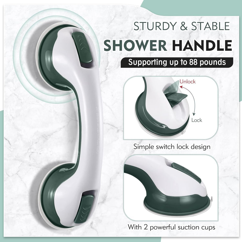 Grab Bars for Bathtubs and Showers, 12 Inch Shower Handle Strong Suction Shower Grab Bar, Bathtub Rails for Seniors, Elderly, Handicap (2 Pack) -Green
