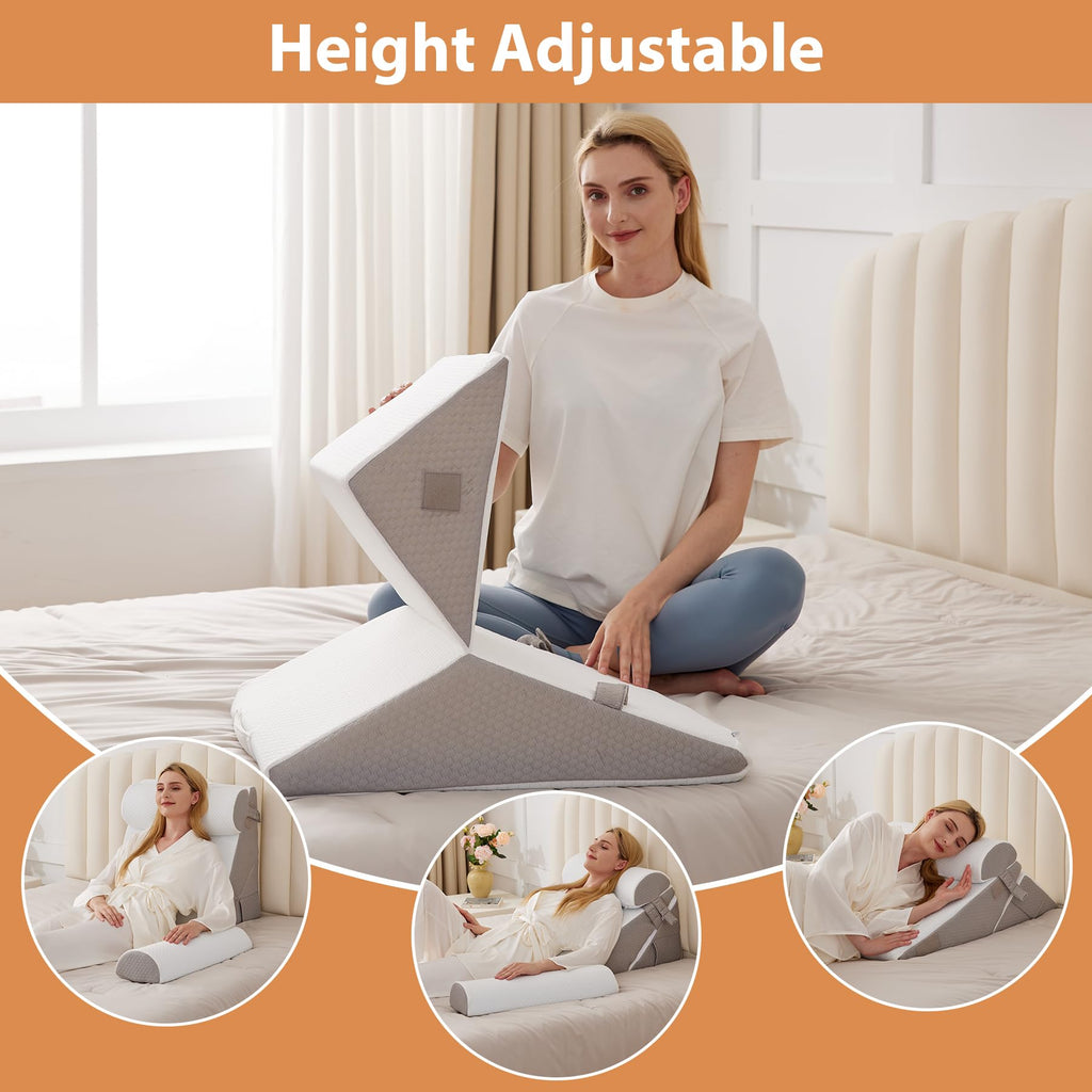 BIEEZZK Orthopedic Bed Wedge Pillow Set 4Pcs, Adjustable Memory Foam Wedge Pillow, Pillow Wedges for Post Surgery, Back Pain Relief, Triangle Pillows for Acid Reflux, Snoring, GERD, White/Grey