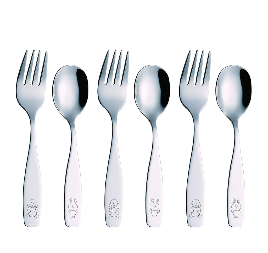 EXZACT Children Flatware 6pcs - 3 x Forks, 3 x Spoons - Toddler Utensil Kids Silverware Cutlery Stainless Steel - Dishwasher Safe