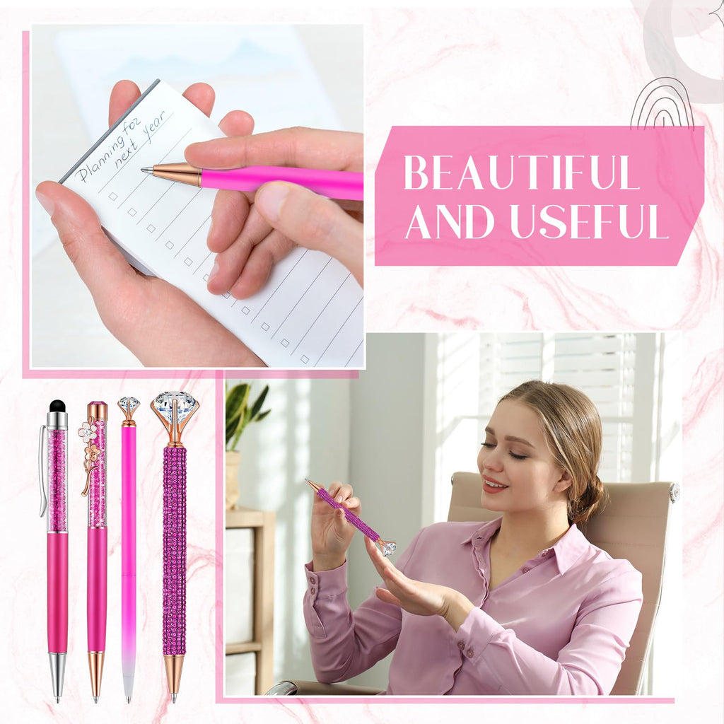 9 Pcs Ballpoint Pens Set Metal Crystal Diamond Pen Glitter Pen for Journaling Black Ink Pretty Cute Pens Fancy Pens Gifts for Women Girls Christmas Birthday School Office Desk (Fluorescent Pink)
