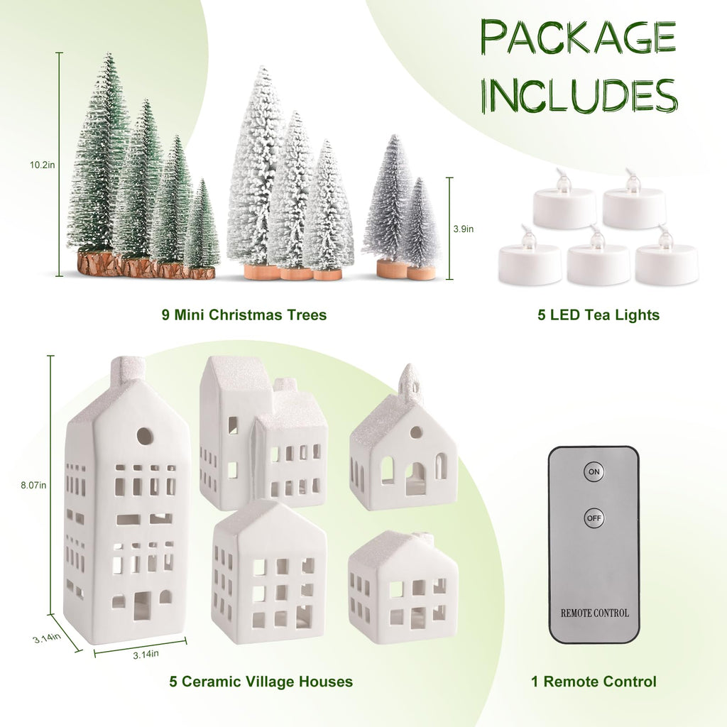 Zesua Christmas Decorations Indoor - Christmas Village Sets of 5 Ceramic Houses with LED Lights Remote and 9 Trees - Winter Rustic Farmhouse Home Holiday Xmas Decor for Mantel Tabletop Room