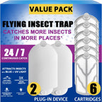 Flying Insect Trap for Indoor Use (2 Staters & 6 Refill Cartridges), UV Light Bug Catcher for Fruit Flies, Gnats & Small Flying Pests, Silent, No-Zap, Mess-Free