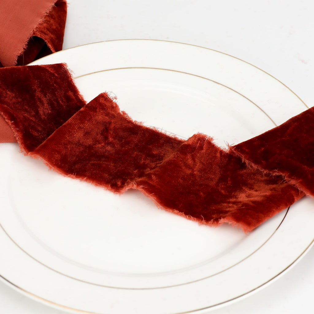 HUIHUANG Rust Red Velvet Ribbon 2 inch Handmade Fringe Ribbon Frayed Silk Velvet Ribbon for Flower Bouquet, Gift Wrapping, Invitations, Holiday Christmas Decor, Wedding Bridal Shower Decor-3 Yards