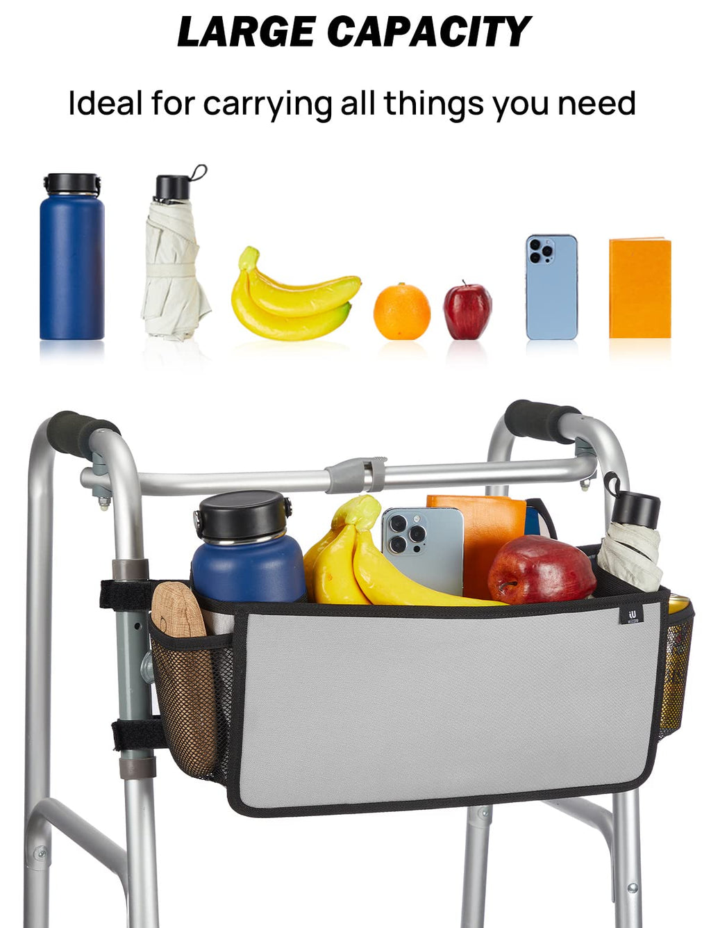 Wiicare Walker Basket for Folding Walker, Basket for Walkers for Seniors with Cup Holder, Upgraded Foldable Walker Bag, Walker Accessories Gift for Family and Elders, Grey