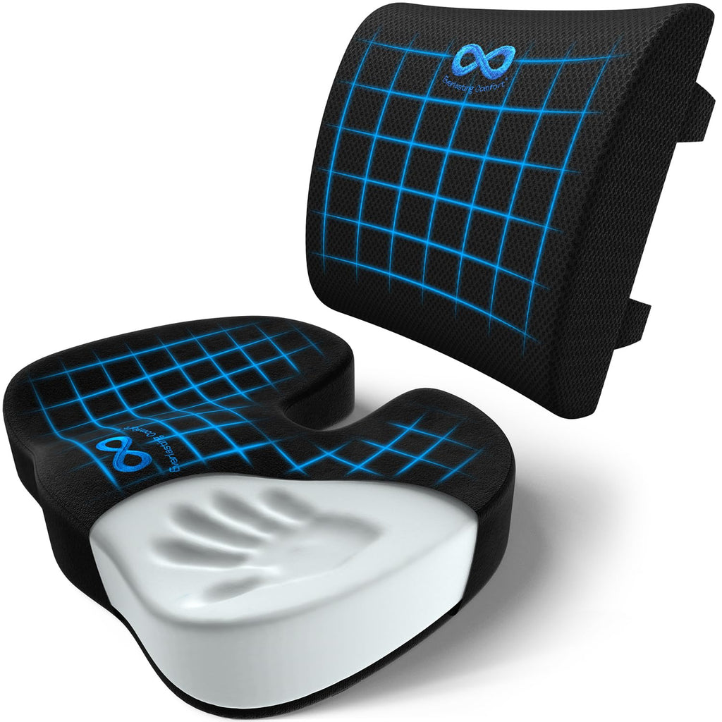 Everlasting Comfort Seat Cushion and Lumbar Support Pillow - Premium Memory Foam Office Chair Cushions for Enhanced Posture, Support, All-Day Comfort - Multi-Use for Car, Desk Chair, Gaming Chair