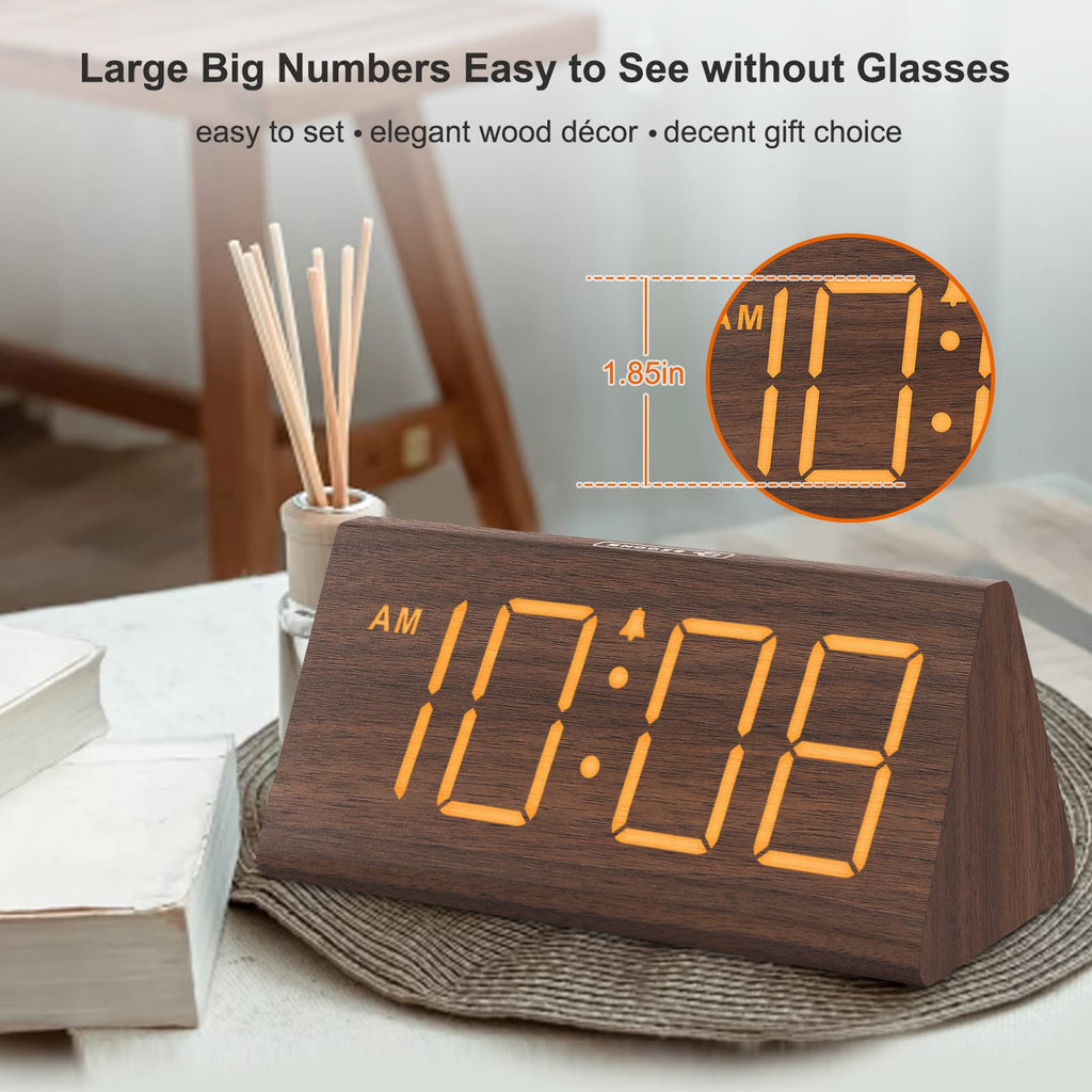 DreamSky Wooden Digital Alarm Clocks for Bedrooms - Electric Desk Clock with Large Numbers, USB Port, Loud Alarm for Heavy Sleepers, Adjustable Volume, Dimmer, Snooze, DST, 12/24H, Wood Décor (Brown)