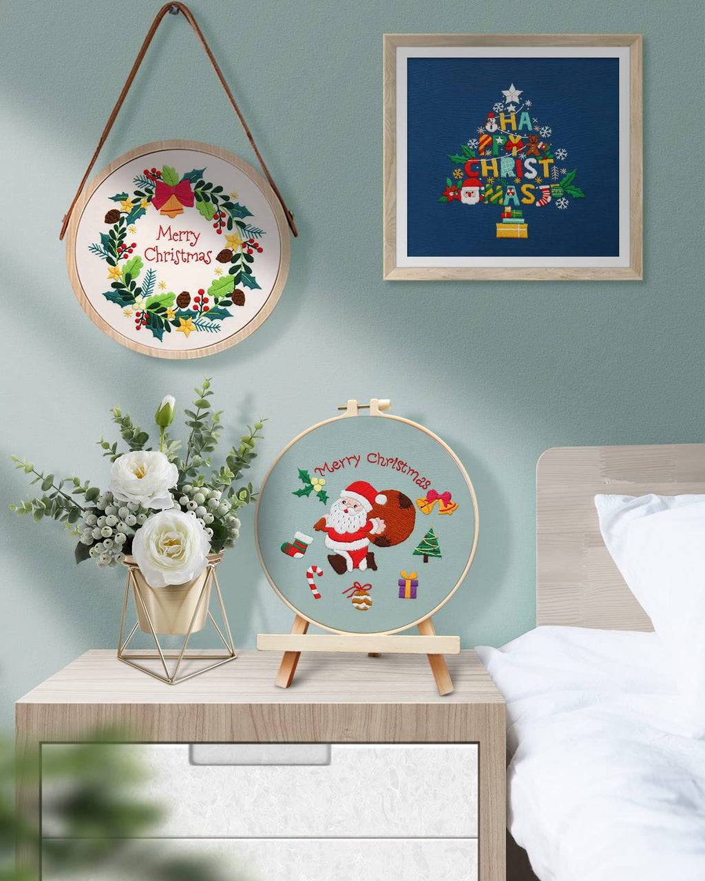 Christmas Embroidery Kit for Adult Beginners, 3 Sets Embroidery Stitch Practice kit Include Embroidery Cloth Hoops Threads for Craft Lover Hand Stitch (Santa Claus & Tree & Wreath)