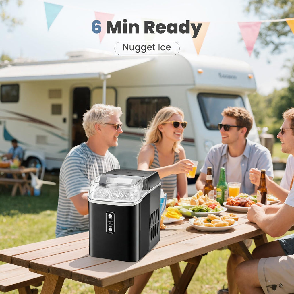 Dumos Nugget Ice Makers,Portable Ice Machine Countertop Ready in 6 Mins, 1.55L Water Tank, Self-Cleaning, for Office, Party, RV, Home, Black