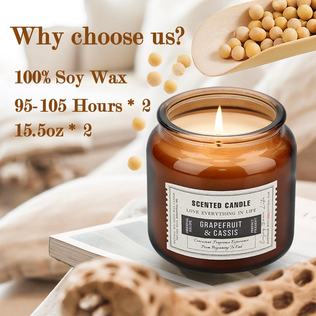 2 Pack Candles for Home Scented Grapefruit & Teak Tobacco Scented Candles 15.5 oz 210 Hours Long Lasting Time Clear Aromatherapy Candles Soy Candles Gifts for Women and Men