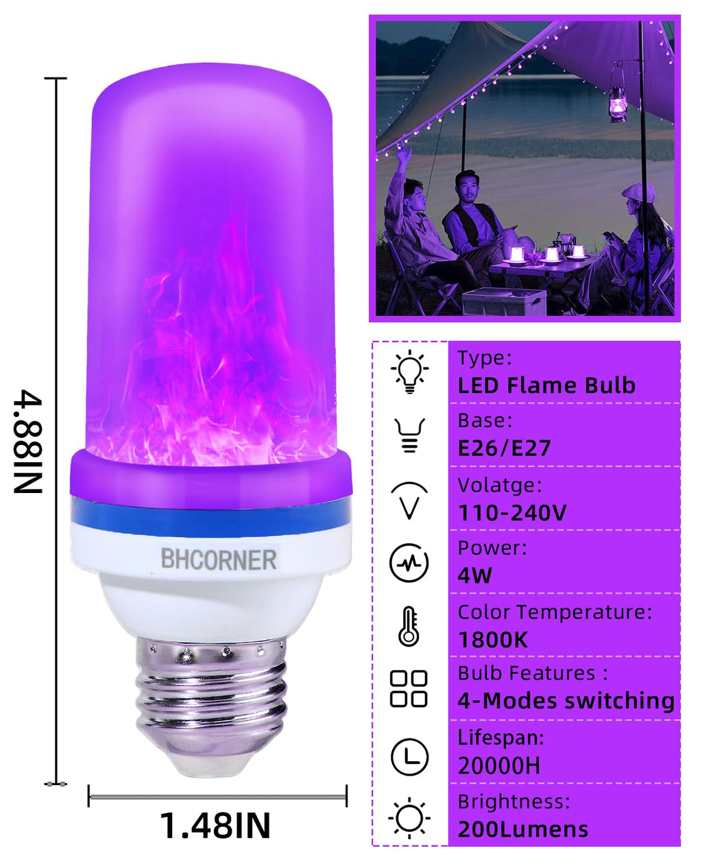 BHCORNER Smaller LED Purple Flame Light Bulbs - Halloween Decorations Light Bulbs,E26/E27 Base Christmas Purple Flickering Light Bulbs Outdoor, led Flame Bulbs for Outdoor Lights (4 Pack)