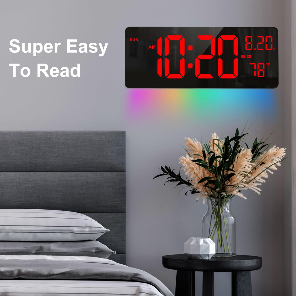 XREXS 16.5" Digital Clock Large Display with Remote Control 7 Color Changes Night Lights LED Wall Clock, Adjustable Dimmer, Temperature Clock for Bedroom, Desk Alarm Clock for Teens Elderly