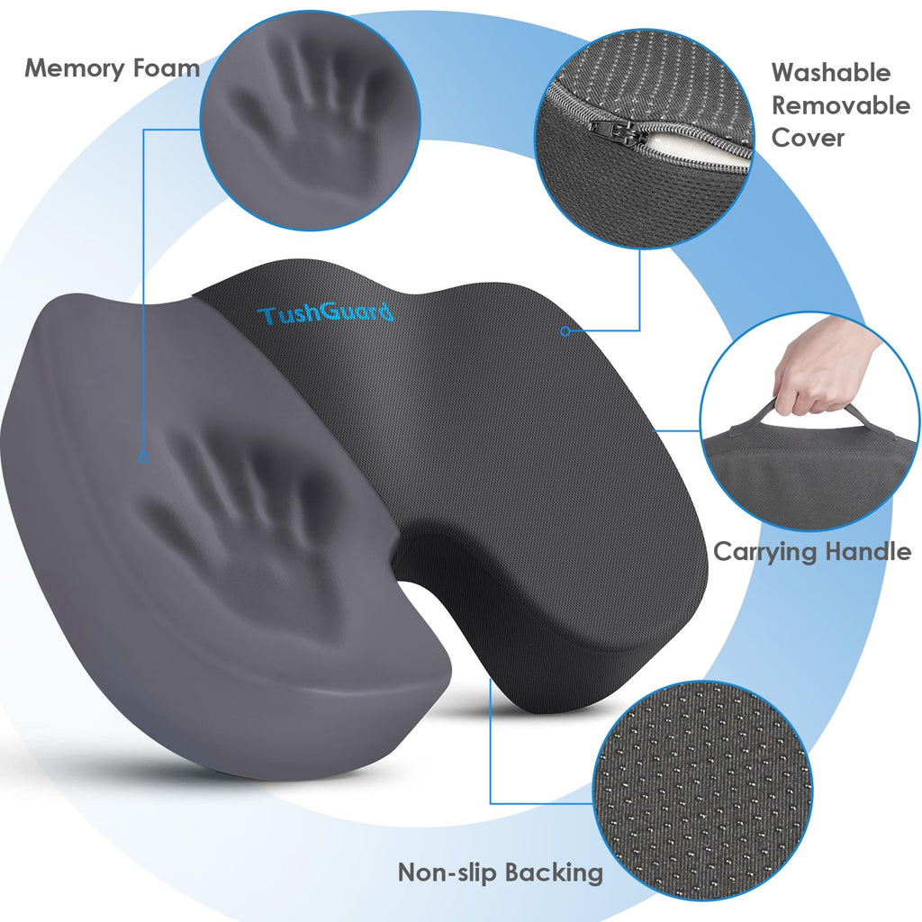 TushGuard Seat Cushion for Office Chair Memory Foam Non-Slip Desk Seat Cushion Back, Coccyx, Sciatica, Tailbone Pain Relief Butt Pillow for Office Chair, Car, Wheelchair, Grey