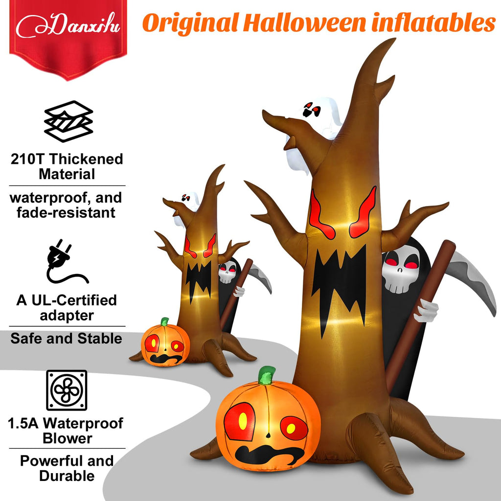 Danxilu 9FT Halloween Inflatables Tree with Grim Reaper Outdoor Decorations, Inflatable Halloween Ghostly Tree with Pumpkin Built-in LEDs Blow Up Yard Decoration for Holiday Outside Lawn Party Patio