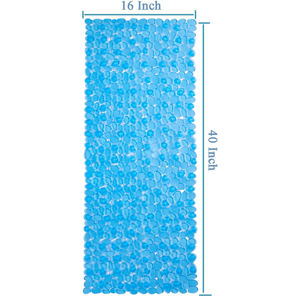 Webos Bath Shower Mat Non Slip: Extra Large Pebble Bathtub mat for Kids, Elderly, Anti Slip Shower Matt with Drain Holes Suction Cups Tub Mat - 16 X 40 Inch Clear Blue