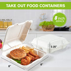 ECOLipak 50 Pack Clamshell Take Out Food Containers, 100% Compostable Disposable To Go Containers, 8X8 Heavy-Duty To Go Boxes for Food