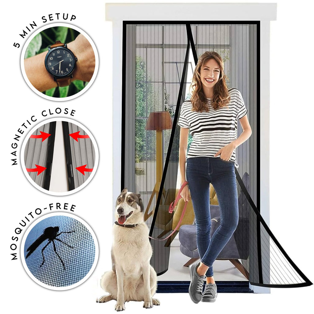 Magnetic Screen Door Retractable Mesh for Standard American 80" x 36" to 82" x 38" Size Doors Pet Net Patio Hands Free Magic Automatic Self Sealing Closing Closure Black