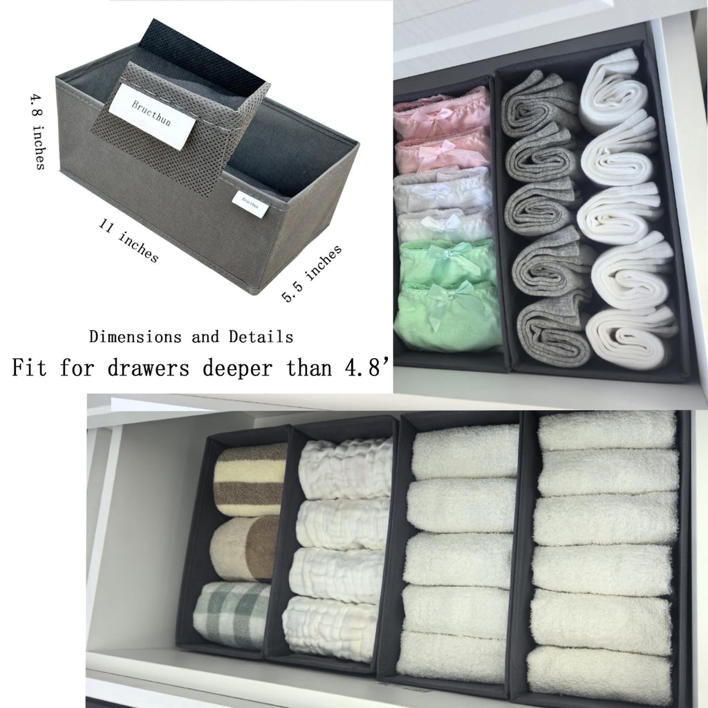Sock Drawer Organizer 3 Pack - Collapsible Fabric Storage Bins for Underwear Divider, Small Closet Organizers with 3 Compartments, Gray