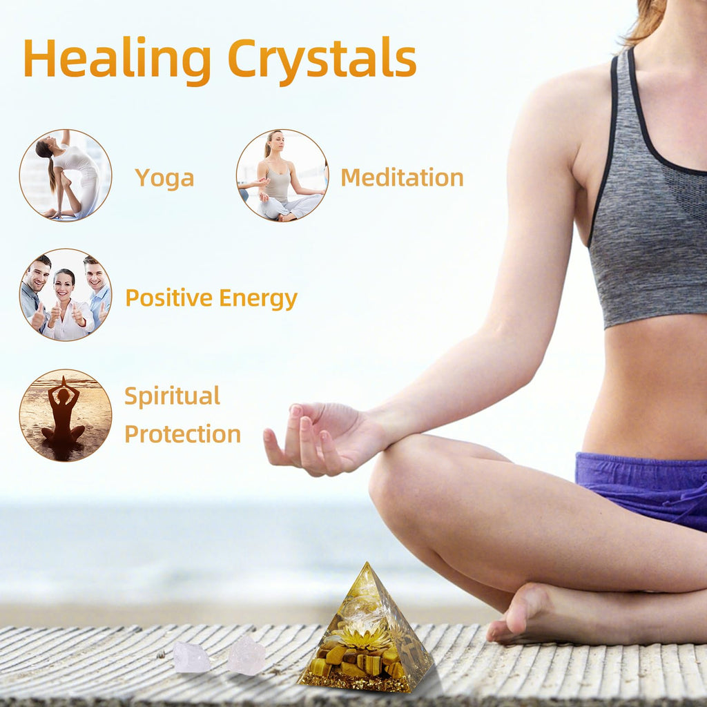 Hopeseed Orgone Pyramid Flower of Life Orgonite Money Healing Crystals Pyramid for Positive Energy with Tiger's Eye Stones and Luck White Crystal That Promotes Wealth, Prosperity and attracts Success