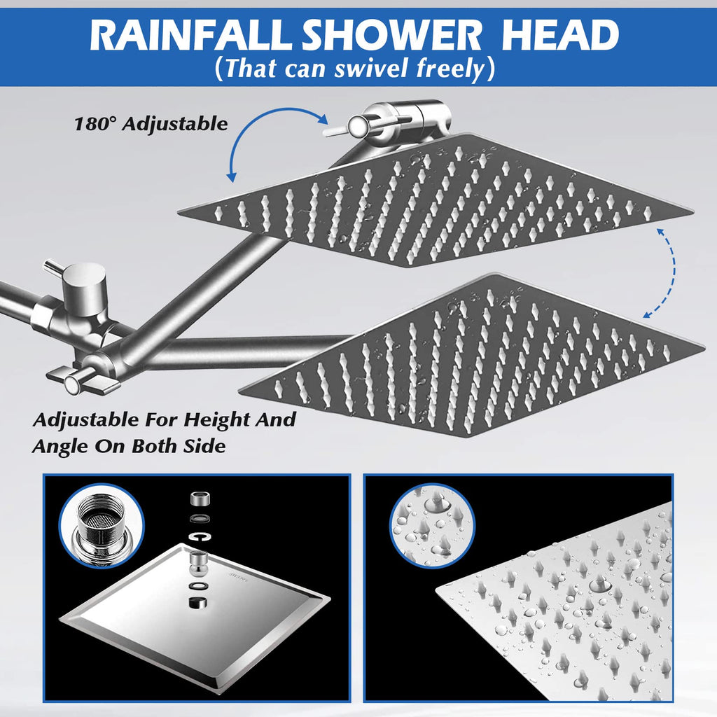 Shower Head,8”Rain Shower Head with Handheld Spray Combo with 11'' Angle Adjustable Extension Arm/Flow Regulator/Shower System,High Pressure Rainfall Shower Head Bathroom,Chrome