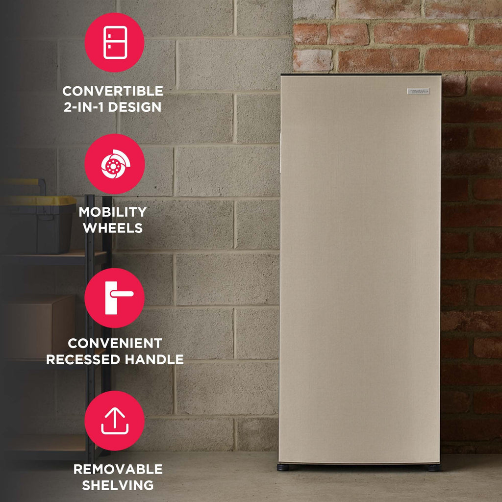 Frigidaire 10 Cu. Ft. Upright Convertible Fridge/Freezer, Reversible Door, Removable Glass Shelves, Adjustable Controls, Platinum Finish