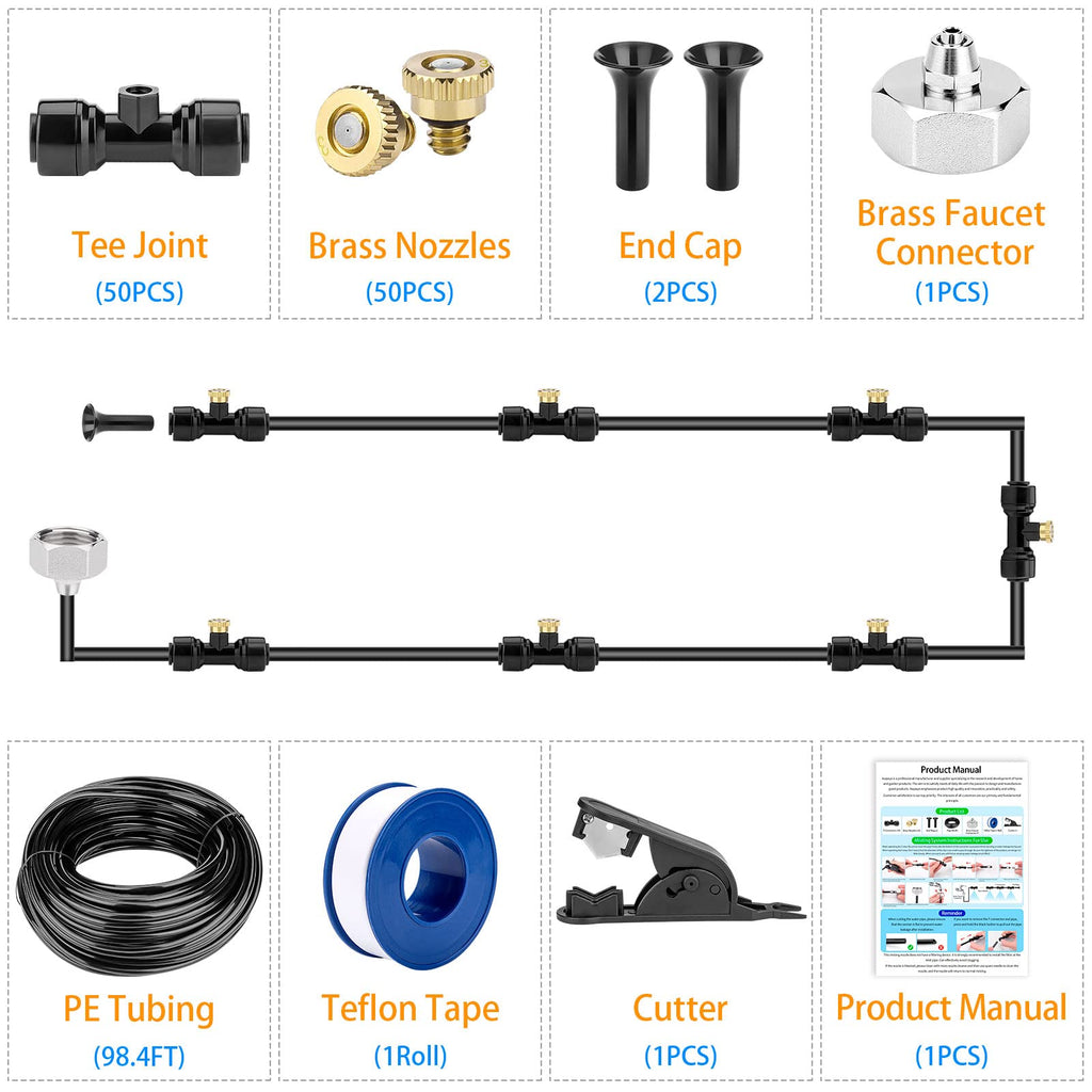Misting Cooling System 98.4FT (30M) Misting Line + 50 Brass Mist Nozzles + 50 T-Connectors + 1 Faucet Adapters (3/4") Outdoor Mister for Patio Garden Greenhouse Trampoline for Waterpark