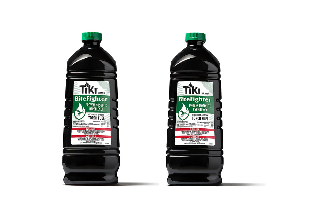 TIKI BiteFighter® Mosquito Repellent Torch Fuel 3/4 Gallon (100 oz.) 2-Pack, Citronella & Cedar Formula for Mosquito Repellency, Easy Pour Bottle, Use with Torches & Table Torches, Outdoor & Backyard