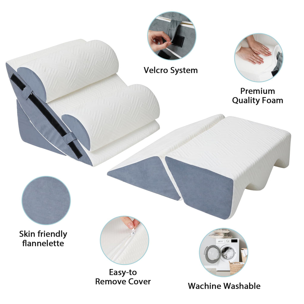 Acxseo 6pcs Orthopedic Bed Wedge Pillow Set for After Surgery, Foam Wedge for Sleeping/Back, Neck, Leg Support, Acid Reflux, Gerd, Anti Snoring, Adjustable Support Pillow with Washable Cover - White