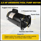 2 HP Pool Pump Motor Compatible with A.O. Smith Century ‎B2855 ‎B855, for Pentair Sta-Rite Whisperflo Challenger Pinnacle Anthony AR2 Series Pumps, 2HP Single Speed Square Pool Motor, 230 V, 1.5 KW